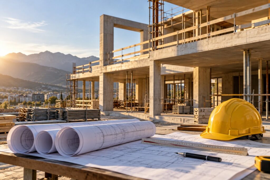 Obra de construcción con planos y casco de seguridad